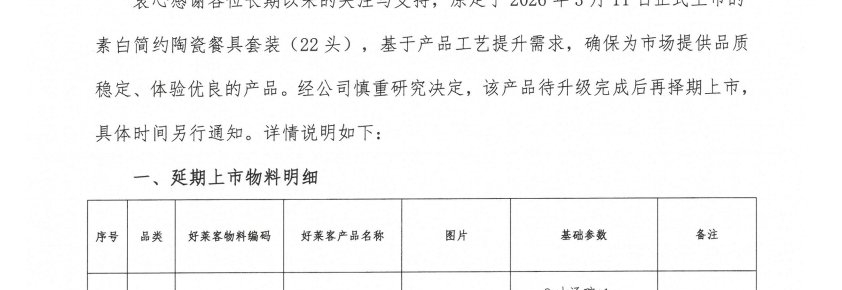 关于整装中心百货礼品餐具套装延期上市的通知