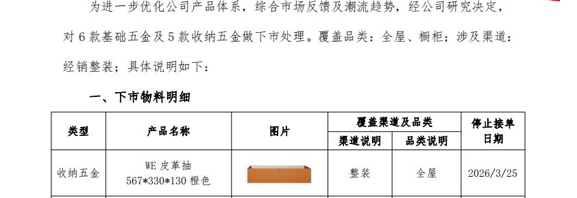 关于经销整装6款基础五金及5款收纳五金下市的通知